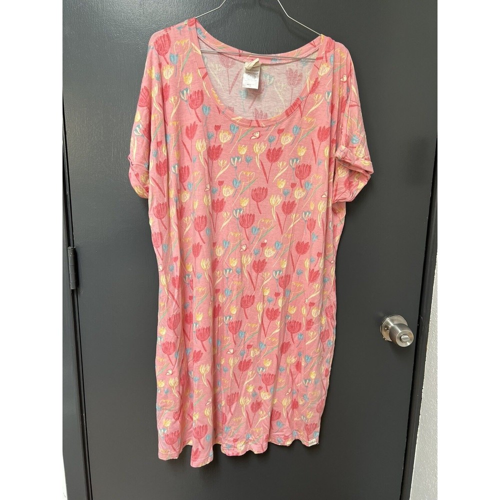 Munki Munki Womens Tiptoe Tulips Pink Comfy Nightgown Loungewear 1X Mumu